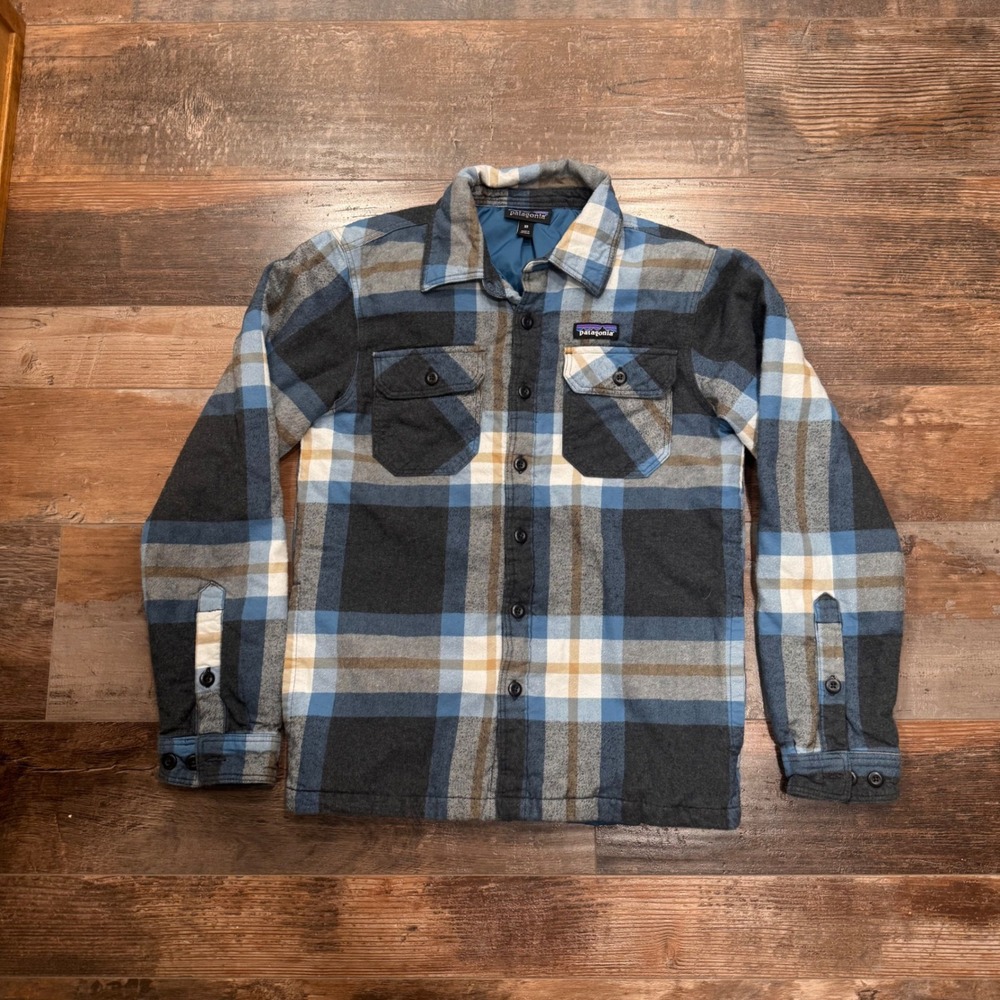 Patagonia Insulated Fjord Flannel Shirt Jacket Blue Grey Plaid Mens XS Organic